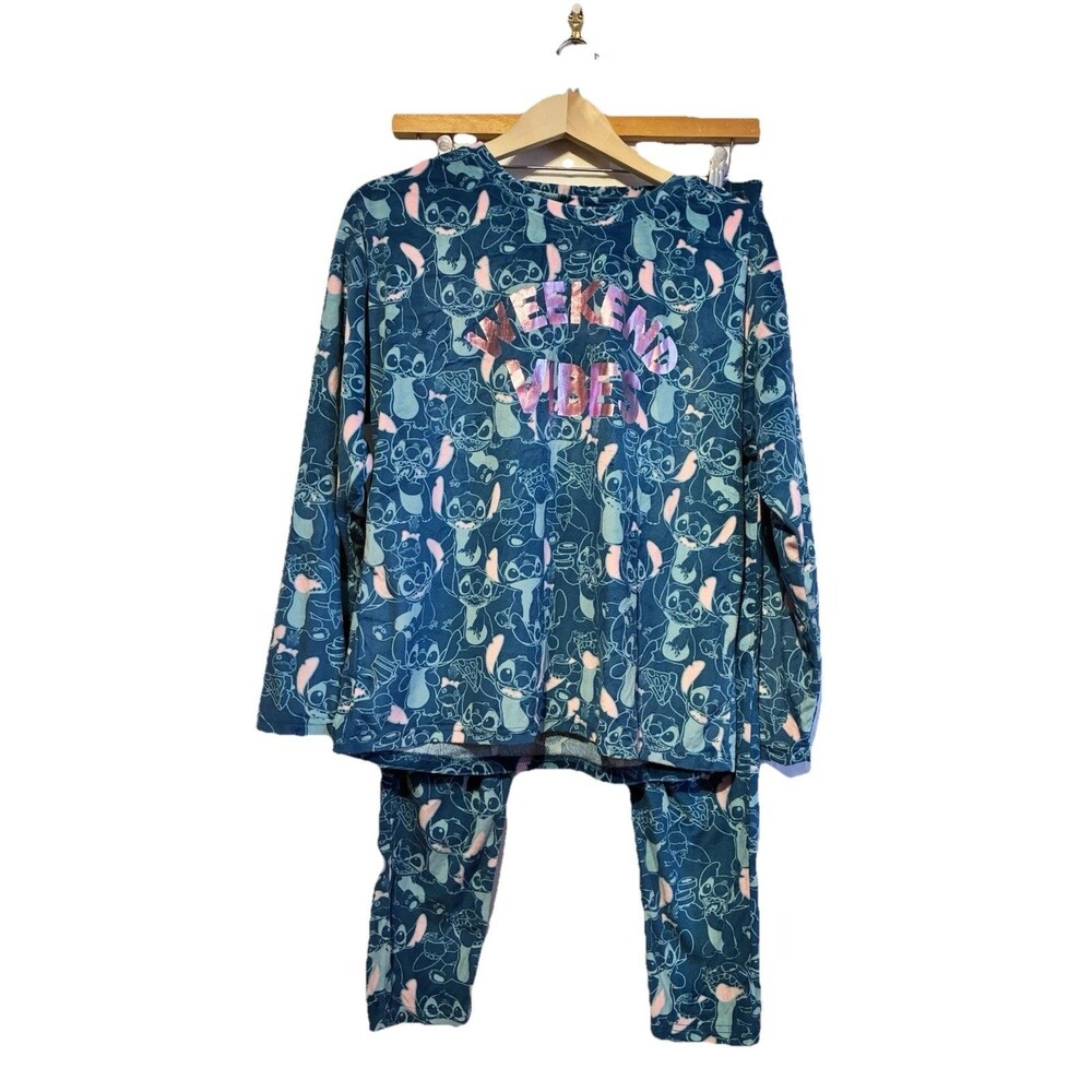 Disney Stitch Pajama Set Woman's 8-10 Blue Fleece Weekend Vibes Long Sleeve